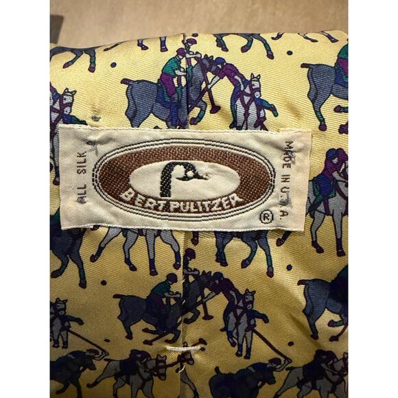 Bert Pulitzer Polo Horse Print Silk Tie Yellow Equestrian  Necktie Vintage USA - Picture 7 of 7